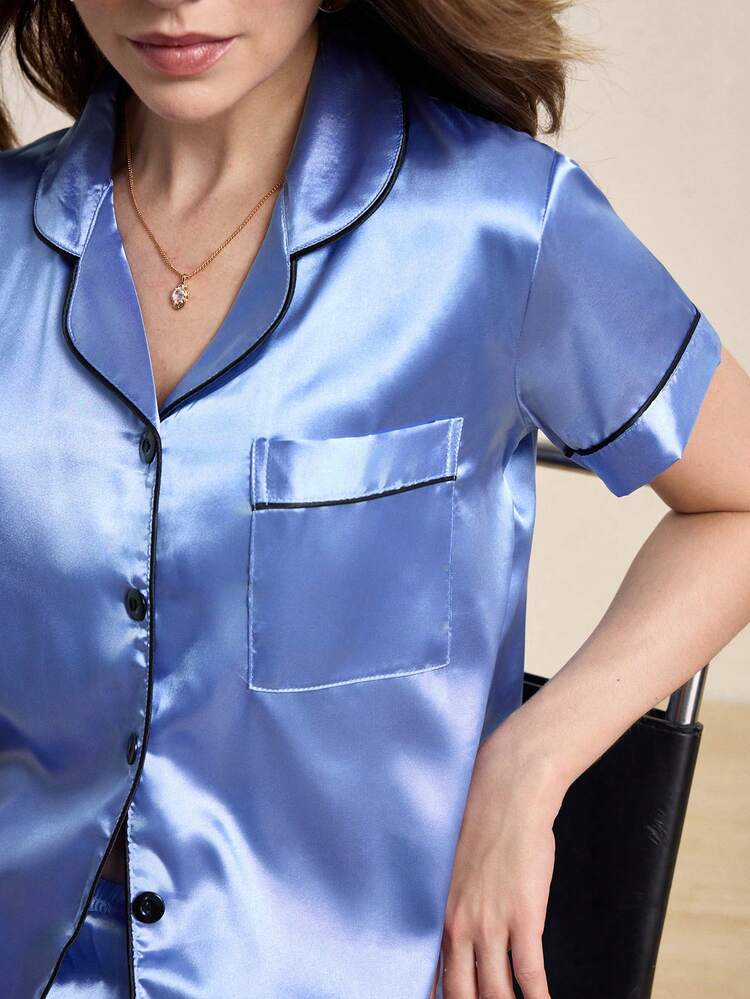 Hourtrue Bộ đồ ngủ satin viền tương phản / Bộ đồ ngủ cho mùa hè - Màu xanh nhạt - Xem 9