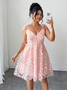 Elenzga Plus Size Women Elegant Woven Bowknot Strap Double Layer Jacquard Dress - Pink - View 8