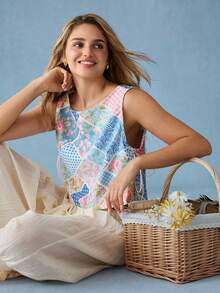 WESTFADE Patchwork Side Tie Boxy Cropped Sleeveless Top Spring Summer Vacation Beach Golf Western Sexy Wear For Women Nashville Cowgirl Casual Cute Boho White - Multicolor - View 5