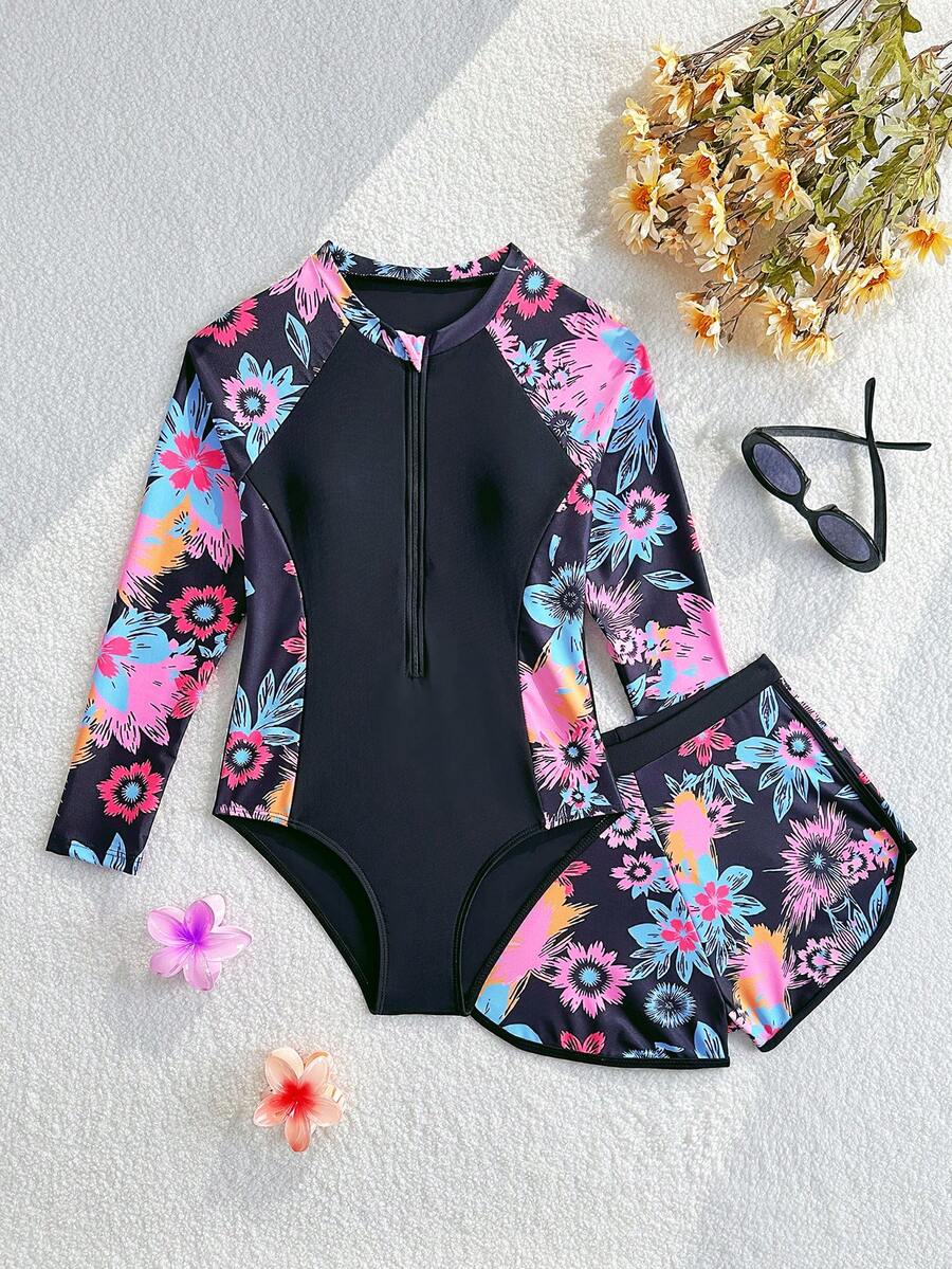 SHEIN Tween Girls Tankini Swimwear,Blue Summer Boho Beach Holiday Swim Holiday,Long Sleeve Rash Guard Set,Zipper 2pcs Modest Bathingsuit With Shorts,Pool - Multicolor - View 1