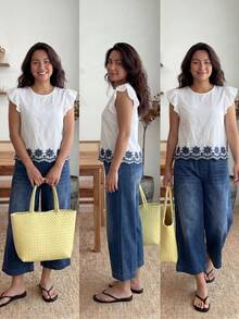 Enliva Áo blouse trắng tay ngắn thêu viền cỡ lớn thoải mái cho nữ, đa năng cho các hoạt động hàng ngày, đi làm, hẹn hò, mùa xuân/hè - trắng - Xem 5