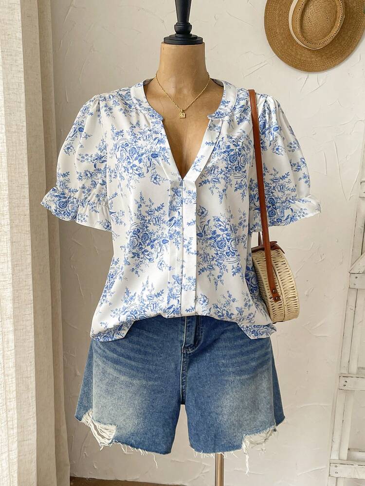 Plus Size Notched Collar Floral Print Casual Short Sleeve Shirt
