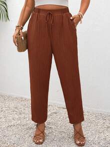 SHEIN Frenchy Plus Size Vacation Solid Color Knotted Casual Pants With Pockets - Rust Brown - View 1