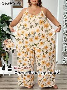 SHEIN CURVE+ 大码女式印花连体裤，适合夏季穿着，带口袋，曲线修身，Hoho Vacation沙滩装/沙滩裙/沙滩度假装/沙滩必备/毕业典礼/下午茶会连衣裙/夏季/乡村/沙滩度假装/沙滩装/沙滩服饰 - 彩色 - 查看 1