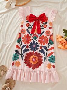 Sparklyn Girls' Dress Pink Floral Summer Boho Cute Party,Vintage Colorful All-Over Print,Small Ruffle Sleeves,Red Bow Back,Loose Straight Silhouette,Vacations - Multicolor - View 3