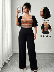 Elenzga Plus Size Women's Spring/Summer Beach Vacation Geometric Patchwork Contrast Color Square Neck Layered Flutter Sleeve Wide Leg Jumpsuit - Multicolor - View 5