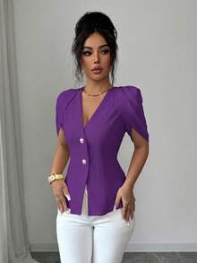 SHEIN Elenzya Áo blazer nữ thanh lịch, lãng mạn, dáng ôm sát, cổ chữ V, xếp ly và thắt eo. - Màu tím  Violet - Xem 8