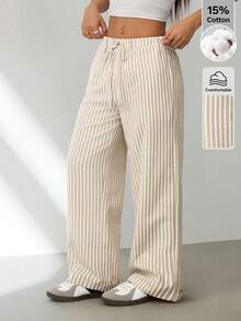 SHEIN PETITE Quần ống rộng kẻ sọc kiểu cổ điển dành cho nữ, có thắt lưng, thích hợp mặc hàng ngày, kiểu dáng suông, trang phục mùa thu phong cách cổ điển cho nữ. - Màu Khaki - Xem 6