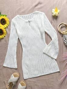 SHEIN Áo khoác mỏng đan móc cho bé gái tuổi teen, thích hợp cho kỳ nghỉ hè ở bãi biển. - trắng - Xem 1