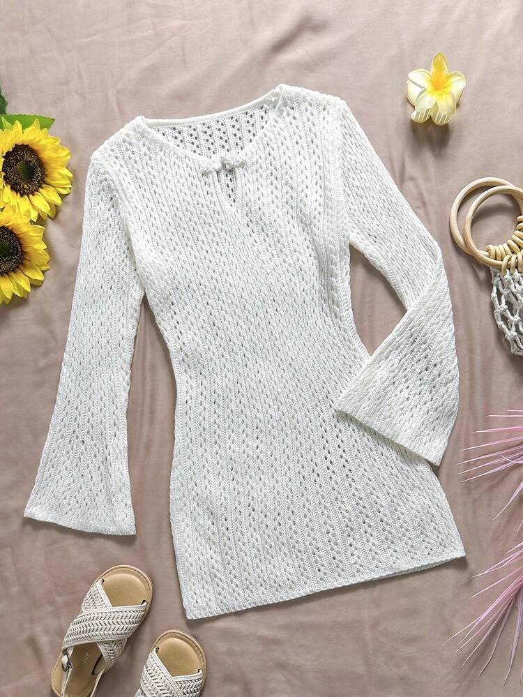 Tween Girl Spring/Summer Beach Vacation Crochet Knit Sheer Cover-Up - White - View 1