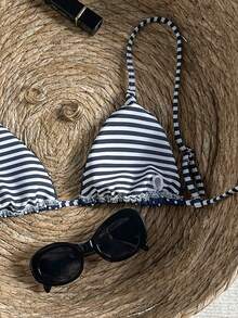 SHEIN Swim Mod Áo bikini nữ chấm bi và sọc, buộc dây phía trước, hở lưng, gợi cảm, thích hợp cho kỳ nghỉ biển. - Màu xanh hải quân - Xem 4