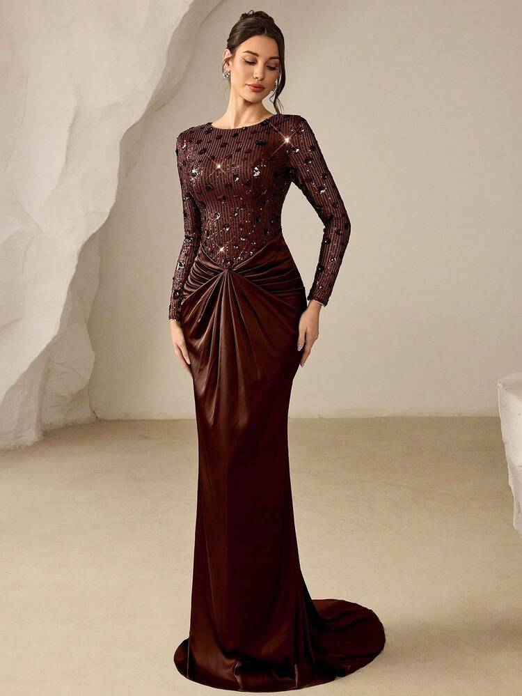 Coutiva Women's Sequin Design Round Neck Long Sleeve Pleated Elegant Dress,Luxury Wedding Dresses,Beach Dress,Wedding Guest Dress,Graduation Dress