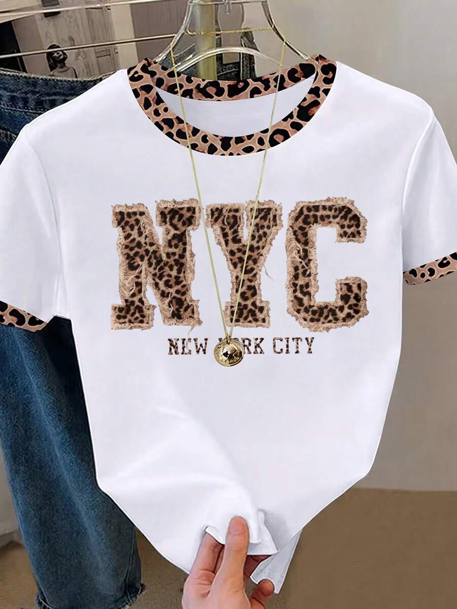 Resyla Leopard Print Patchwork Letter Slogan Round Neck Short Sleeve T-Shirt For Women - White - View 1