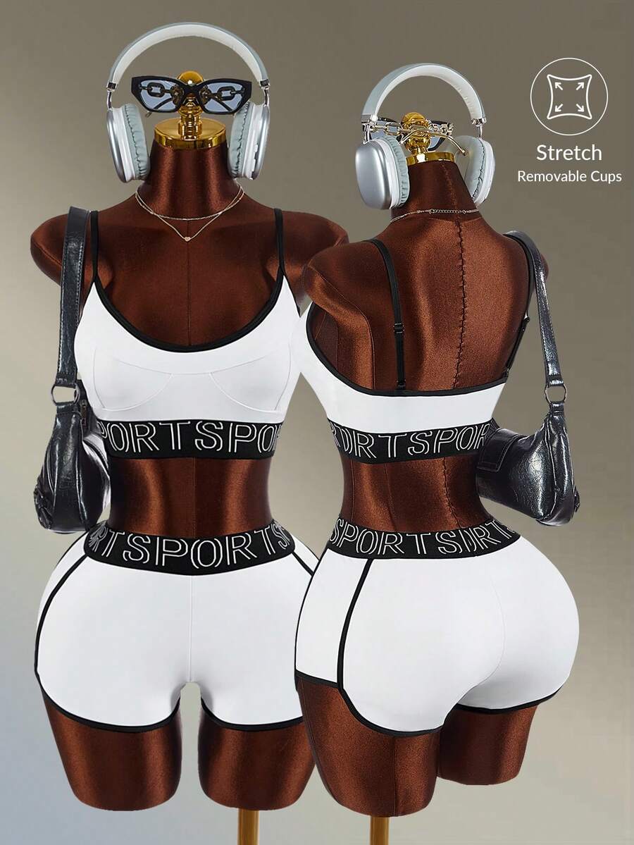 Amplova Ensemble de débardeur et short imprimé lettres pour femmes - Noir et Blanc - Voir 1