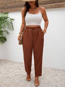 SHEIN Frenchy Plus Size Vacation Solid Color Knotted Casual Pants With Pockets - Rust Brown - View 5