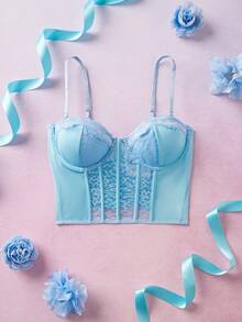 Elorette Solid Color Lace Patchwork Sheer Spaghetti Strap Sexy Camisole Bra - Baby Blue - View 7