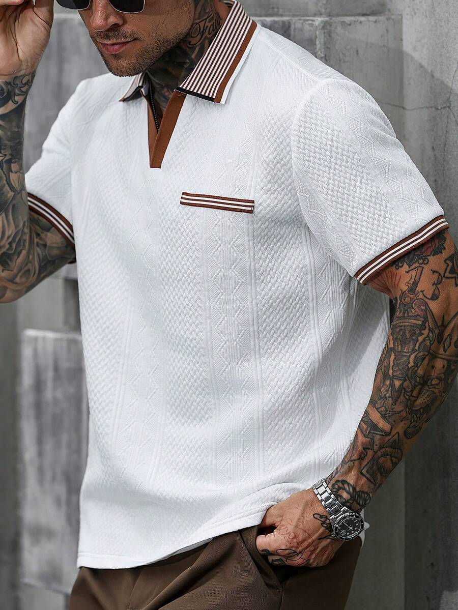 Manfinity CasualCool 男士條紋短袖休閒通勤 Polo 衫,正式款 - 白色 - 查看 1