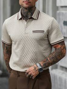 Manfinity CasualCool 男士条纹短袖休闲通勤 Polo 衫 - 卡其色 - 查看 3