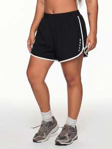 SHEIN Rhythm Era Plus Size Women's Summer Color Block Elastic Waistband 2-In-1 Sports Shorts - Black - View 1
