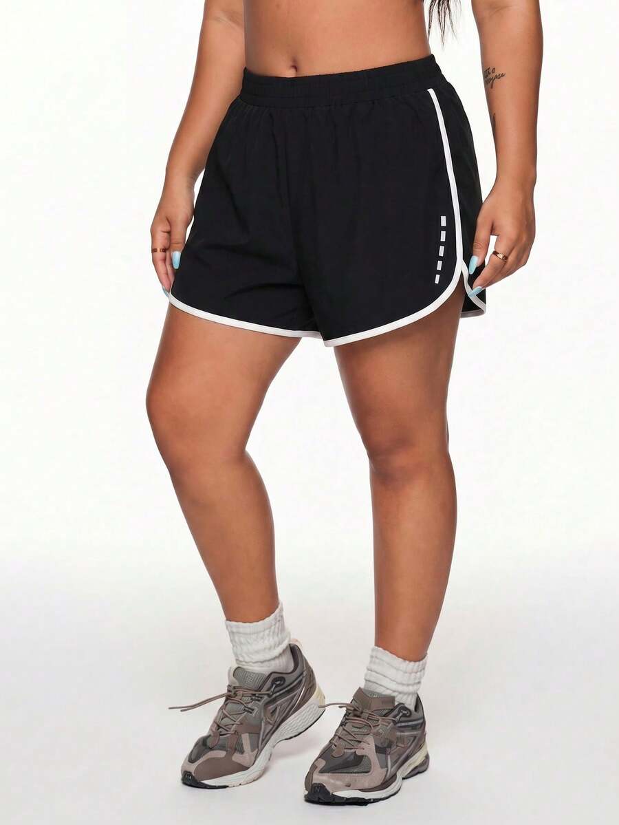 SHEIN Rhythm Era Plus Size Women's Summer Color Block Elastic Waistband 2-In-1 Sports Shorts - Black - View 1