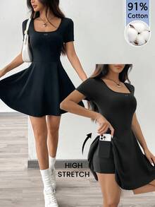 SHEIN EZwear 女士复古字母刺绣连衣裙，适合外出、街头风、机场、运动瑜伽、时尚、返校季、假期穿着。 - 黑色 - 查看 8