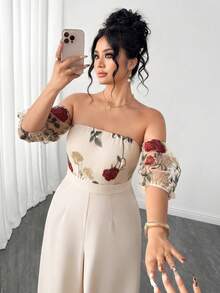 Elenzga Mono elegante con hombros descubiertos, bordado de rosas y malla floral para mujer de talla grande, con cintura ceñida, adecuado para fiestas y reuniones de primavera/verano - Albaricoque - Ver 5