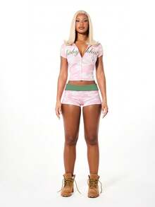 BABYPHAT Short taille haute plié en imprimé camouflage rose pastel, style décontracté d'été pour festival. Pantalon court style rue pour femmes - Rose pâle - Voir 3