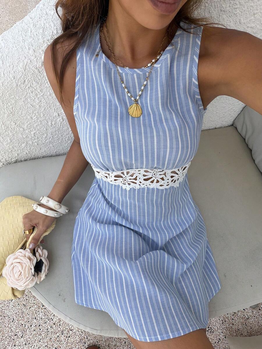 Pariaura Women's French Minimalist Striped Patchwork Ruffle Hem Dress - Blue and White - View 1