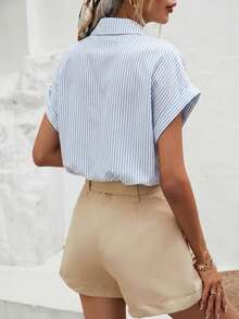 SHEIN Frenchy A Casual And Simple Style Blue And White Pinstriped All-Over Print Women's Shirt Suitable For Spring And Summer. - Multicolor - View 2
