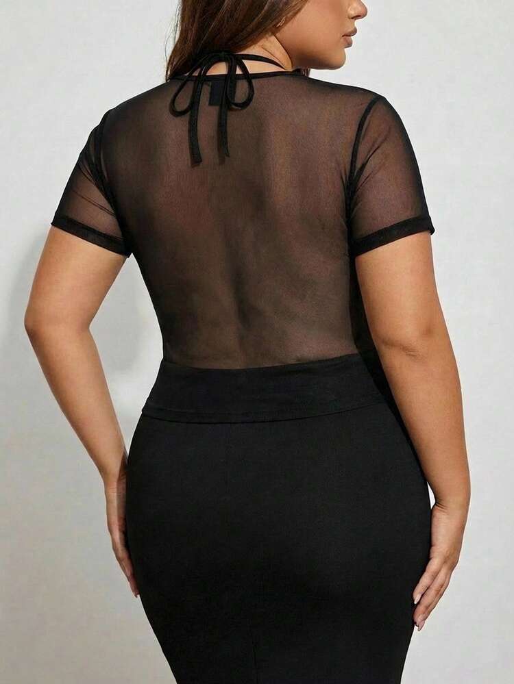 Dazy Plus Mesh Patchwork Tight Sexy Blogger Street Short Sleeve Cropped Plus Size Black T-Shirt, Spring/Summer