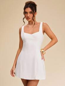 SHEIN BAE Đầm mini màu trơn ôm sát, xẻ cao, dây đeo vai, thanh lịch tối giản, nhẹ nhàng, màu trắng tinh khiết, thích hợp cho nữ mùa xuân/hè, đi học, tốt nghiệp, màu trắng tinh khiết, trang phục dự tiệc cưới, đầm thanh lịch gợi cảm tối giản, đầm sang trọng, trang phục dự tiệc cưới, đi nghỉ mát & hẹn hò. - trắng - Xem 4