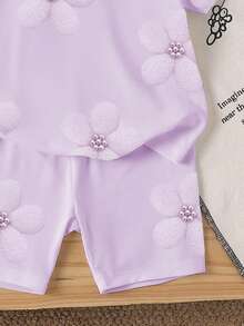 2pcs/Set Young Girls Floral Print Cute T-Shirt And Shorts Set, Fashionable Casual Outfit Suitable For Spring/Summer Vacation - Multicolor - View 6