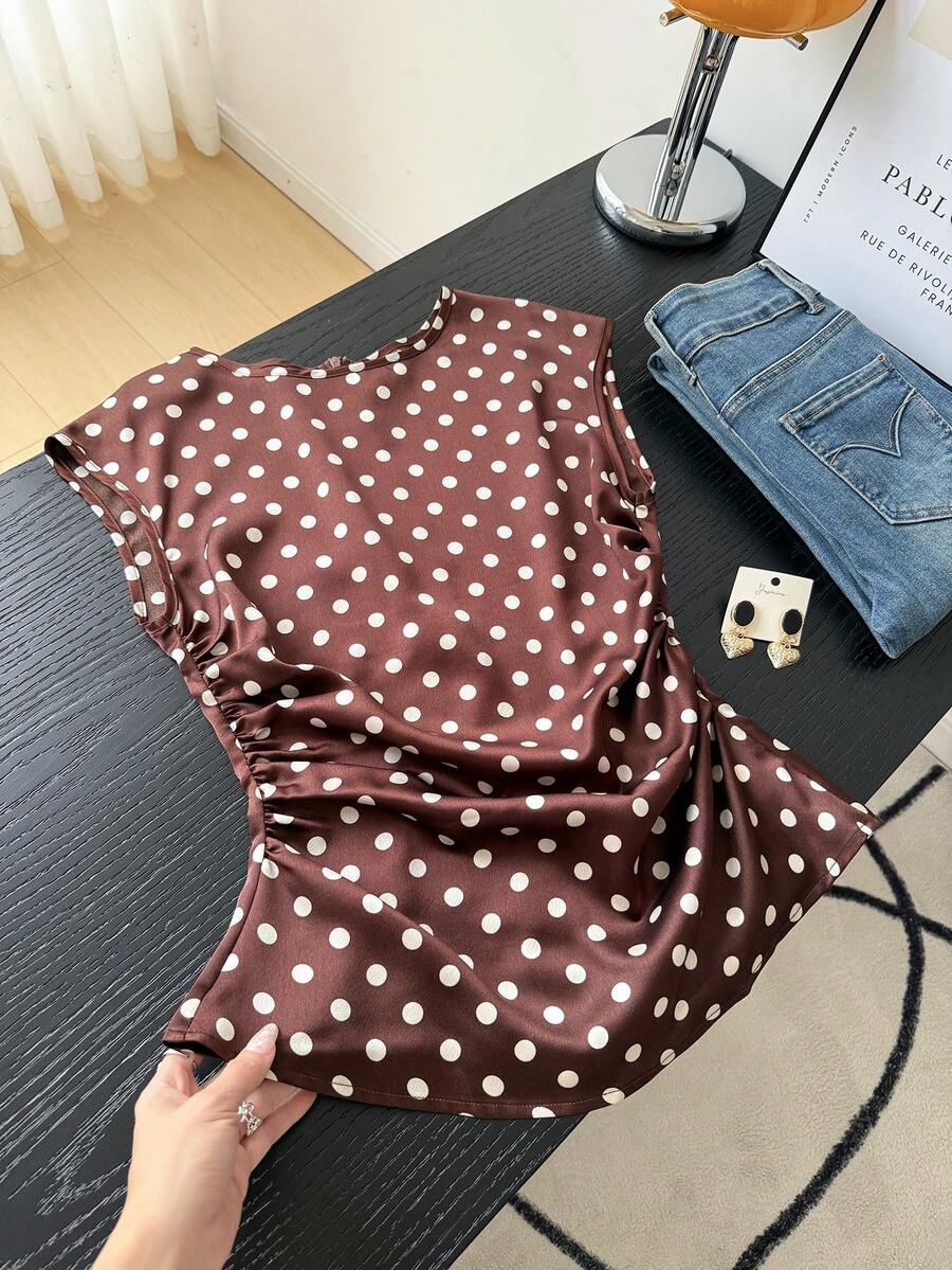 SHEIN Frenchy Áo sơ mi tay ngắn in chấm bi, kiểu dáng thanh lịch, thoải mái, phù hợp cho công sở. - màu nâu - Xem 1