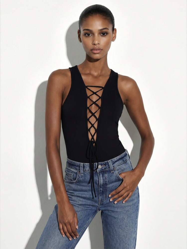 KSTM Deep V Neck Lace Up Front Bodysuit With Criss Cross Strappy Detail For Women Sleeveless Form Fitting Top