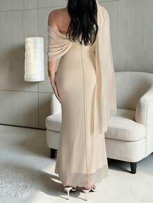 Modelyn Plus Size Women's Solid Color Ruched Asymmetric Shoulder Fitted Elegant Dress - Apricot - View 3