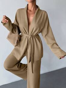 SHEIN Cottnline بيزتان بتفاصيل الحزام ، مجموعات مريحة ، سهلة الارتداء في المنزل والخارج - لون مشمشي - مشاهدة 4