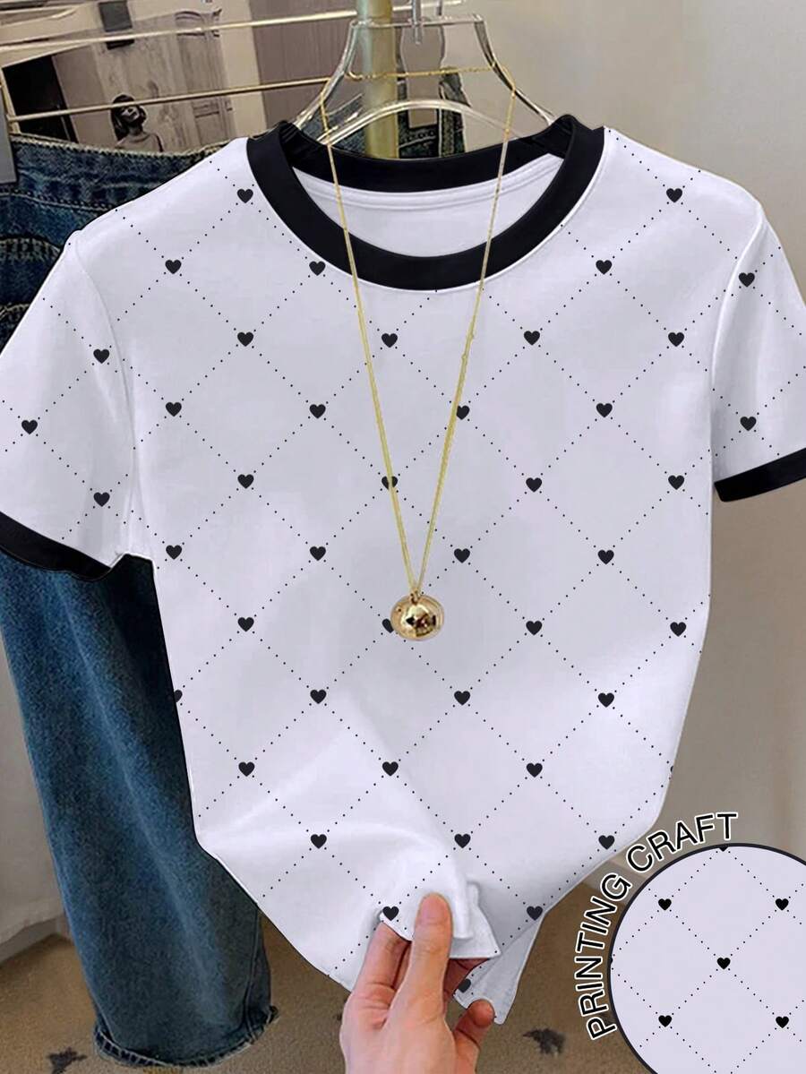 SHEIN 女士圆领爱心印花休闲百搭日常短袖T恤 - 白色 - 查看 1
