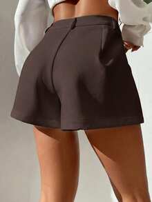 SHEIN PETITE Quần short nữ màu trơn, xếp ly, có túi, dáng rộng, kiểu dáng thường ngày. - Cà phê nâu - Xem 2