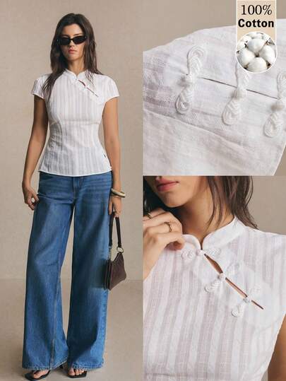 Poéselle Women's 100% Cotton Blouse Mandarin-Collar Frog-Button Fitted Blouse – White Cotton Qipao-Inspired Summer Top Mandarin Collar Blouse, Qipao Top, White Summer Blouse, Frog Button Shirt, Linen Blend Top, Chinese Style Fashion, Vintage Oriental Blouse, Cottagecore Shirt Elegant Blouse With Button Cuff Design Y2k  Country Concert Outfit White Top