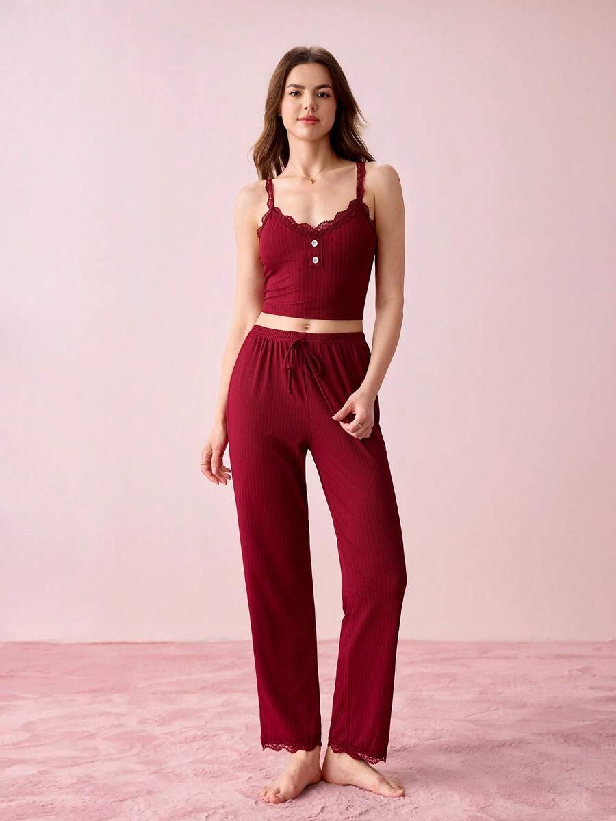 Bonmuse Fake Button Contrast Lace Tie Front PJ Set / Pajama Setfor Summer - Burgundy - View 1