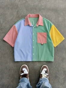 SWAVVY Camisa de manga corta de pana con parches para hombre, primavera/verano - Azul - Ver 5