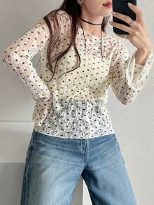 FRIFUL 女士波点印花薄纱圆领休闲长袖上衣 - 米色 - 查看 5