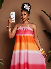Maweii Plus Size European And American Style Versatile Sexy Printed Vacation Slip Dress - Pink - View 2