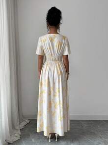 Balvessa Vestido de Manga Curta com Cintura Marcada e Estampa Floral Amarela, Novidade de Verão para Mulheres - Ganso amarelo - Visão 2