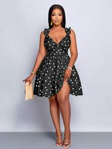 SOLERSUN Plus-Size Women Black And White Polka Dot Mini Dress,Summer 70's Elegant V-Neck Ruffled Multi-Layered Hem Loose Casual Party Vacation Sun Dress - Black - View 2
