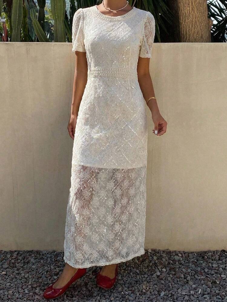 Women's Elegant Sequin Embroidered Split Hem Long Sleeve Dress, Summer