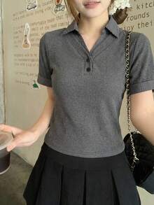 DAZY Women's Turndown Collar Contrast Plaid Casual T-Shirt, Spring/Summer - Black - View 6