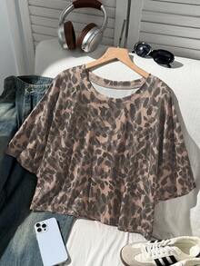 Comfortcana Große Größen Casual & Homewear Leoparden Muster Loose T-Shirt, Große Größen Weiter Ausschnitt T-Shirt, Sommer - Verschiedenfarbig - Übersicht 3