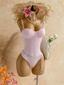Soleia Damen Hellrosa Sommer Verführerischer Urlaub Geformte Cup Muschel BH mit Bügel Perlen Spaghettiträger Camisole Bodysuit, Boho Date Party Strand - Pink - Übersicht 10