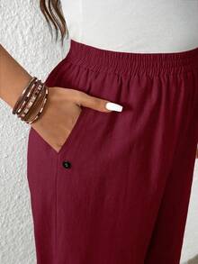 Linhara CURVE Plus Size Women Solid Color Pocket Casual Straight Leg Pants Fall - Burgundy - View 7